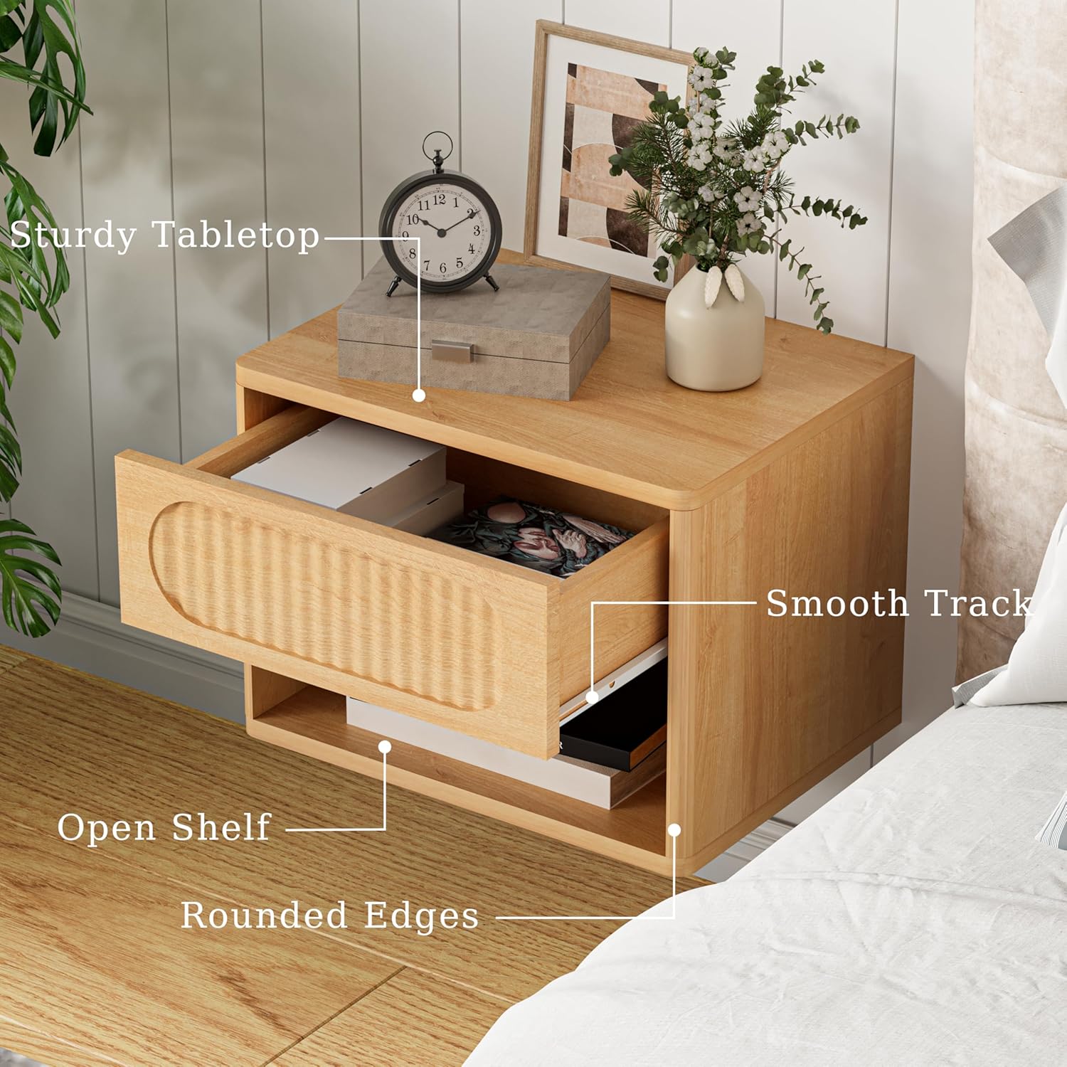 Floating Nightstands with Drawer Set of 2, Modern Wall Mounted Bedside Tables for Bedroom, Space Saving Storage Cabinets, Easy Install Hanging Shelf Night Stands for Small Spaces (Natural)