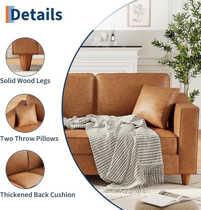 Faux Leather Couch with 2 Throw Pillows, Sofa Couches for Living Room, 3 Seater Sofa with Wide Armrests, Wood Legs, Deep Seats, Back Cushion, Sturdy Support Feet, for Office, Living Room, Brown