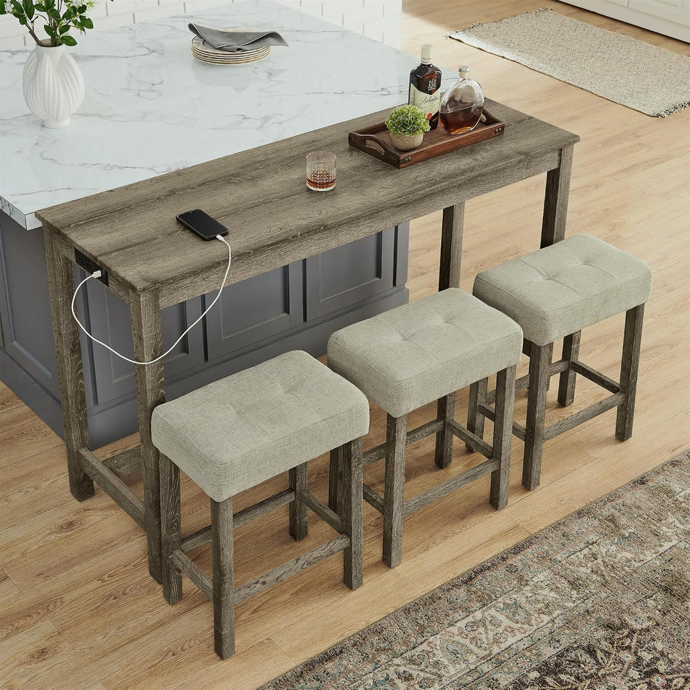 KEIKI 4-Piece Bar Table Set with Charging Station - 59" Industrial Kitch...