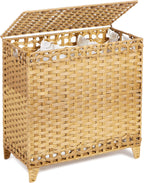Laundry Hamper with 3 Removable Liner Bags; 132L Handwoven Rattan Laundry Basket with Lid & Heightened Feet; Clothes Hamper with Side Handles; Laundry Sorter with 3 Separate Sections (Natural)
