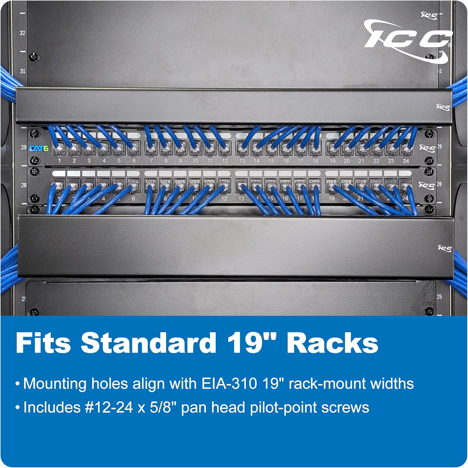 ICC 2U Ring Cable Manager Panel with Cover, Metal, 3" D-Rings, Horizontal Cable Management, Rackmount for 19” Network Racks, Black, 6-Pack