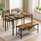 VECELO Kitchen Dining Room Table with 2 Chairs & Bench, Compact Space-Saving Design, Easy Assembly Steel Frame, Perfect for Small Apartments & Breakfast Nooks，Dark Brown