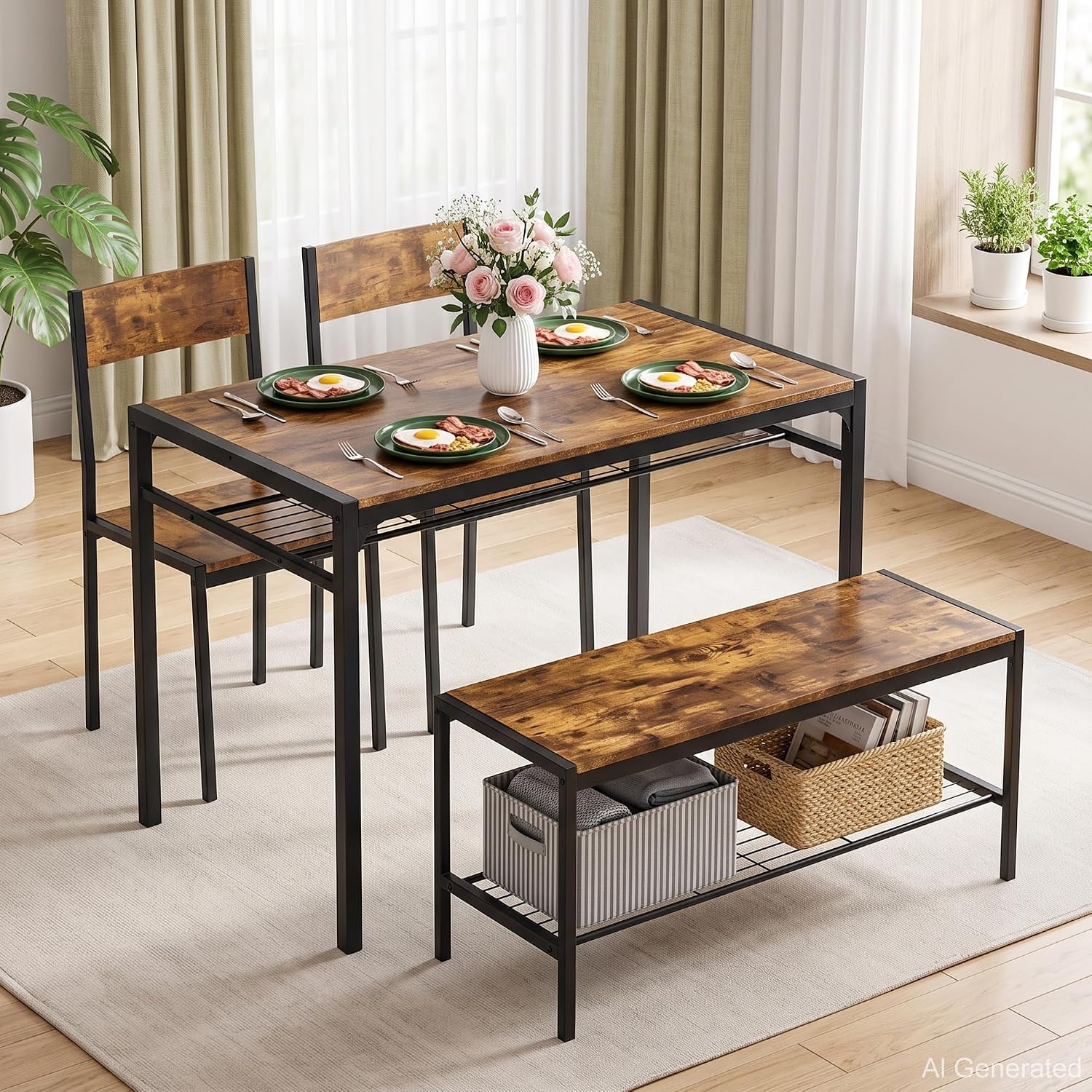 VECELO Kitchen Dining Room Table with 2 Chairs & Bench, Compact Space-Saving Design, Easy Assembly Steel Frame, Perfect for Small Apartments & Breakfast Nooks，Dark Brown