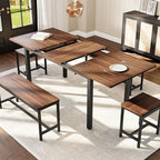 Garvee 5 PCs Extendable Dining Table Set for 4-8 People, 63 Inch Kitchen Table with 2 Benches & 2 Stools, Modern Dining Room Furniture Sets, Easy Assembly