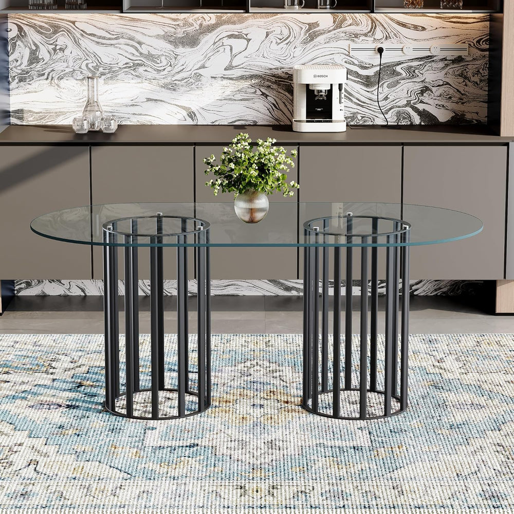 Oval Tempered Glass Dining Table for 4-8 People, 71'' Tall Kitchen Ta...