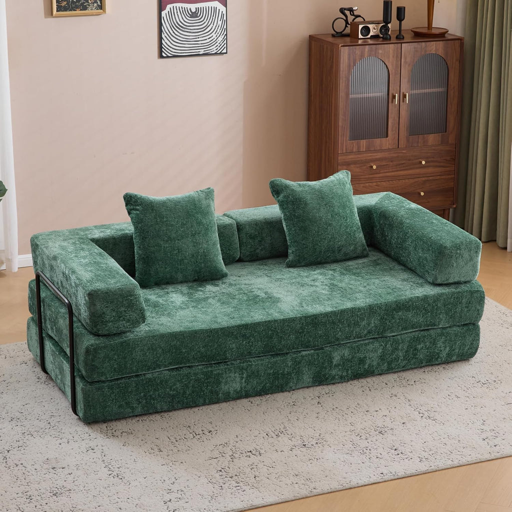 ZEIINPA Convertible Floor Sofa Bed with Fixed-Shape Frame, Modular Chenille Folding Mattress Couch with Armrest, Floor Sofa Lounge Couch for Living Room Bedroom Lounge Studio, Dark Green