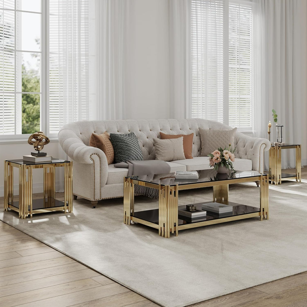 Luxury Gold Glass End Table,Sqaure Sofa Side Table with Shiny Geometric Stain...