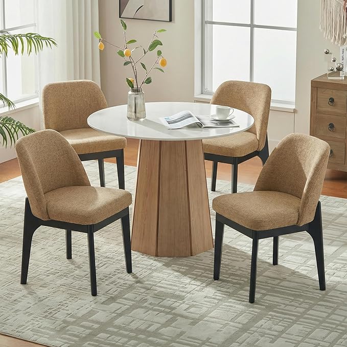 VKNOW Wooden Dining Chairs Set of 4, Upholstered Dining Room Chairs with Rubberwood Legs and Padded Seats, Kitchen Chairs for Restaurant Kitchen Living Room, Ochre Yellow