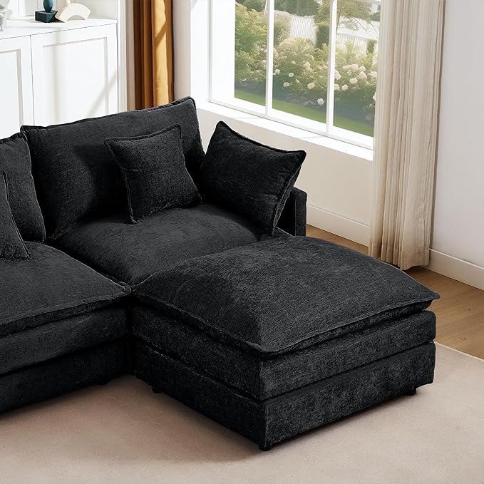 Ball & Cast 3 Seater Modular L Shaped Sectional Sofa with Movable Ottoman and 4 Pillows,Comfy Cloud Couch W/Deep Seat,DIY Combination,Chenille Upholstered Sofa for Living Room,Apartment,Black,105"