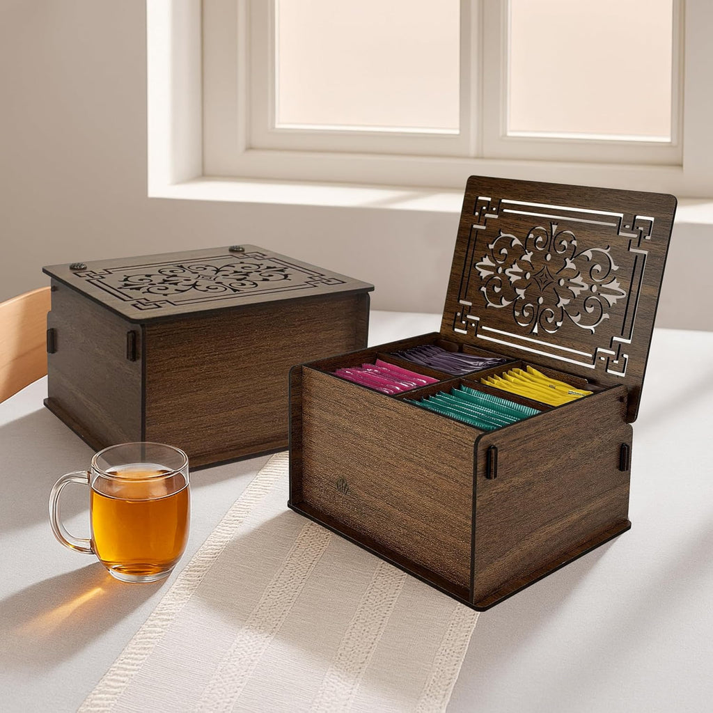 RoyalHouse Premium Wood Tea Storage Box Organizer, Tea Bag Holder Containers (Brown), Eco-Friendly Multi-Functional Decorative Box, 4 Compartments For Assorted Variety Of Small Items | Eco Friendly Design,Functional Organizer,Perfect for Tea Bags & Small
