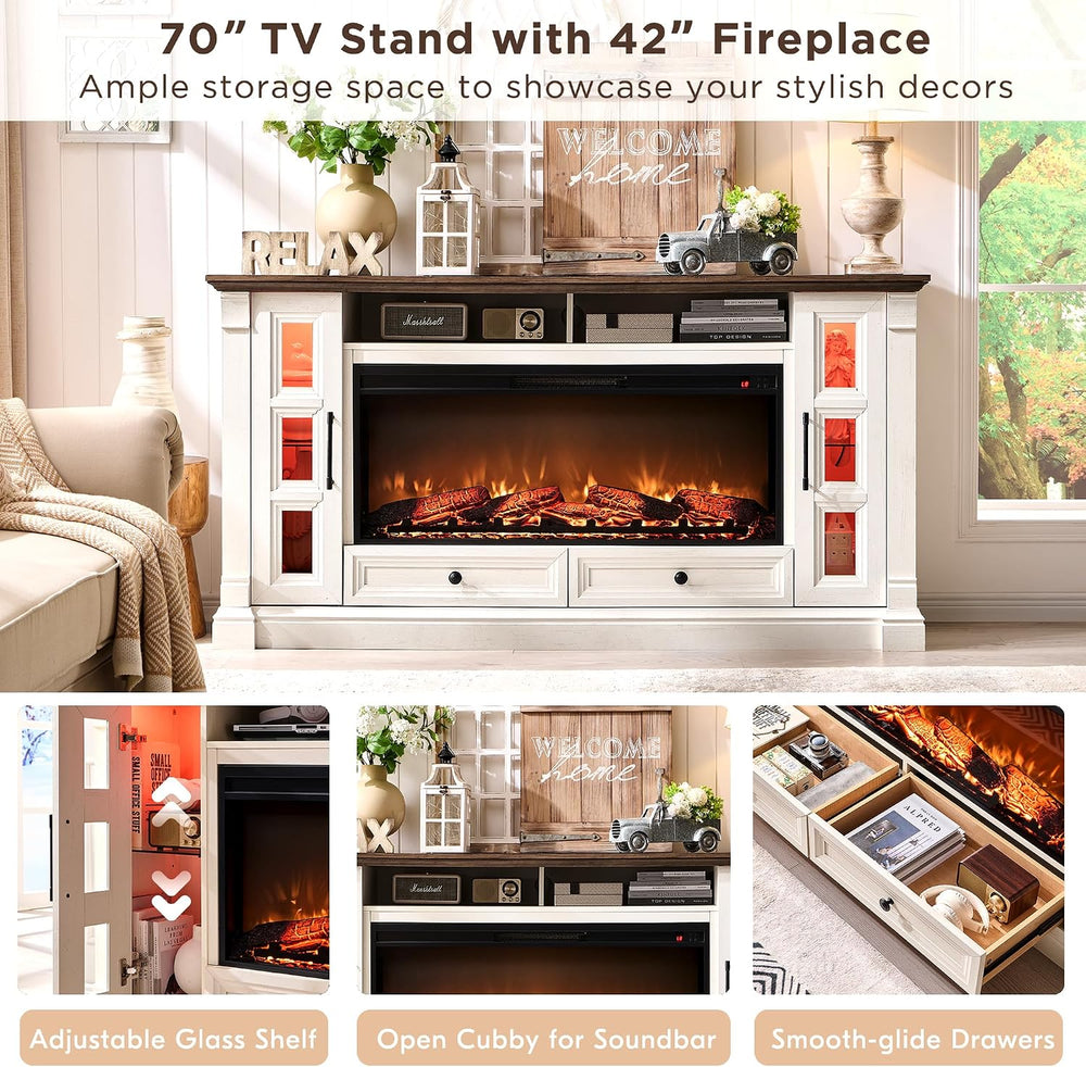 OKD 70" Farmhouse TV Stand with 42" Electric Fireplace, Antique Whi...