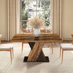 LITTLE TREE 55-Inch Dining Table for 6, Wooden Rectangle Kitchen Table, Large Dining Room Tables, Industrial Dinner Table with Heavy Duty Pedestal, Rustic Brown