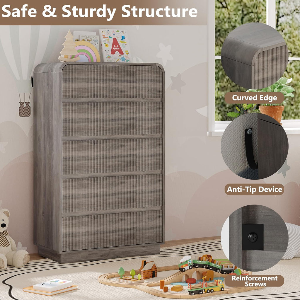 Tall Dresser for Bedroom with 5 Drawers, Fluted Chest of Drawers with Round Curved Corner, Hidden Handles, Modern Wood Storage Organizer for Bedroom, Nursery, Living Room