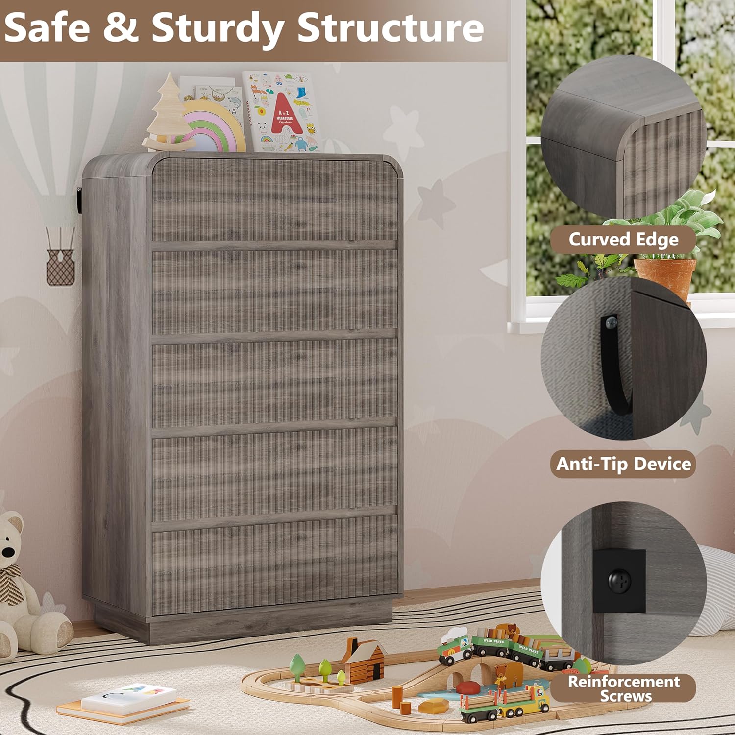 Tall Dresser for Bedroom with 5 Drawers, Fluted Chest of Drawers with Round Curved Corner, Hidden Handles, Modern Wood Storage Organizer for Bedroom, Nursery, Living Room