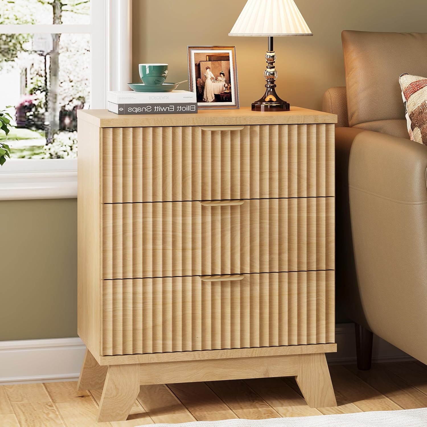 Fluted Nightstand, 24" Wide Side Table with 3 Large Storage Drawers, Mid Century Modern Wood Night Stand with Metal Handle, Wooden Bedside End Table for Bedroom, Living Room, Closet, Natural Oak