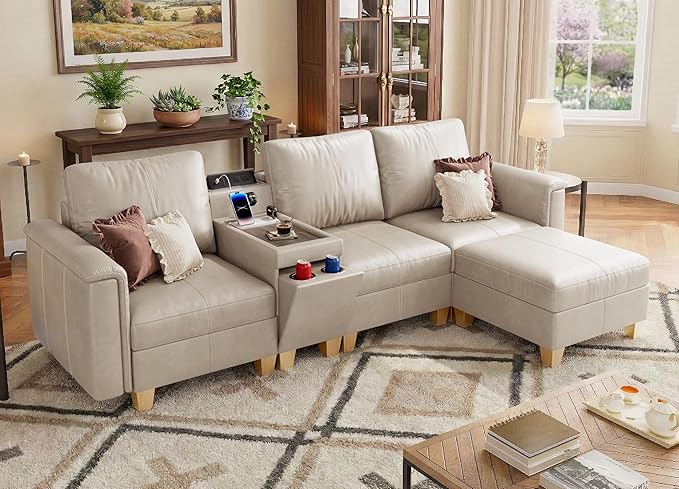 SITJOY 105" Faux Leather Modular Sectional Sofa with Storage, Mid Century Modern Sectional Couches for Living Room, 4 Seat L Shaped Couch with Ottoman and Console Table, Hidden Cupholders, Greige