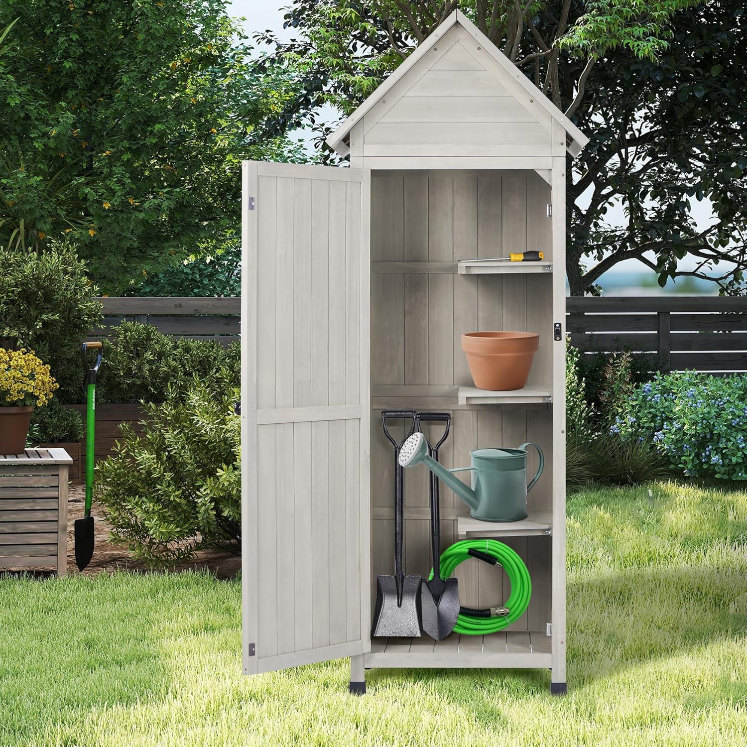 Wooden Outdoor Storage Cabinet with Waterproof Metal Roof Vertical Garden Tool Shed Adjustable Shelves, Perfect for Yards, Patios, Decks and Porches (Light Gray, 22" x 26" x 67")