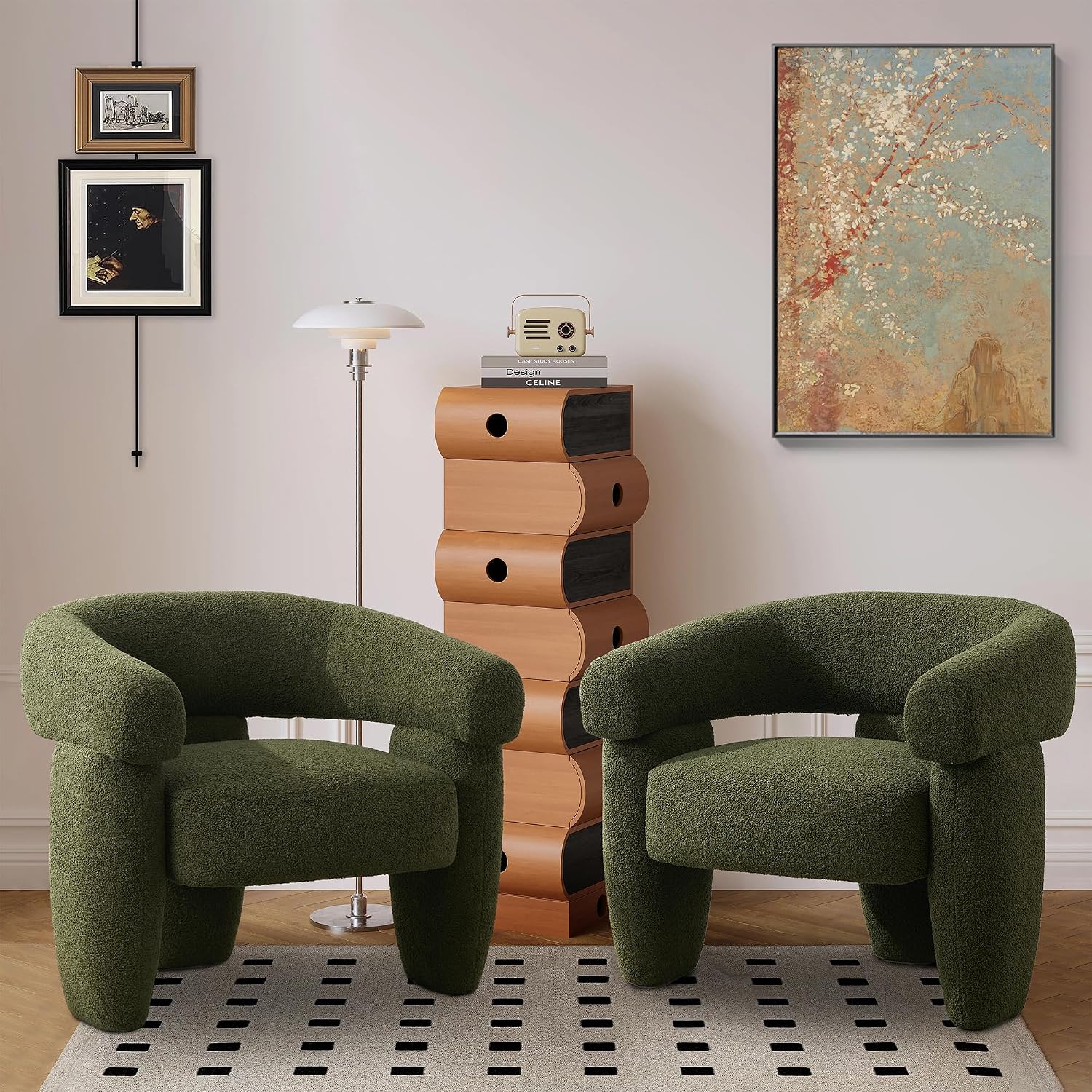 Sherpa Boucle Barrel Accent Chair, Round Armchair, Sherpa Green | Mid Century Sherpa Boucle Accent Chair, Comfy Upholstered Round Armchair with Curved Back for Living Room & Bedroom