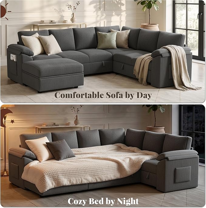 108 Inch Sectional Sleeper Sofa Bed with Pull Out Couch, U Shaped 7 Seat Cloud Modular Sectional Sofa with Storage, Corduroy Sectional Couches for Living Room, Removable Sofa Cover, Dark Grey