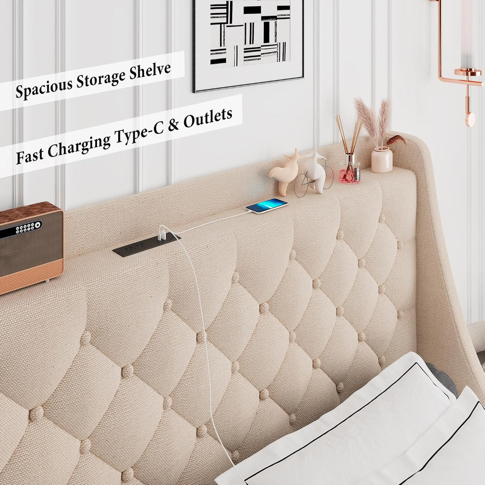 iPormis King Bed Frame with 4 Storage Drawers, Upholstered Platform Bed Frame...