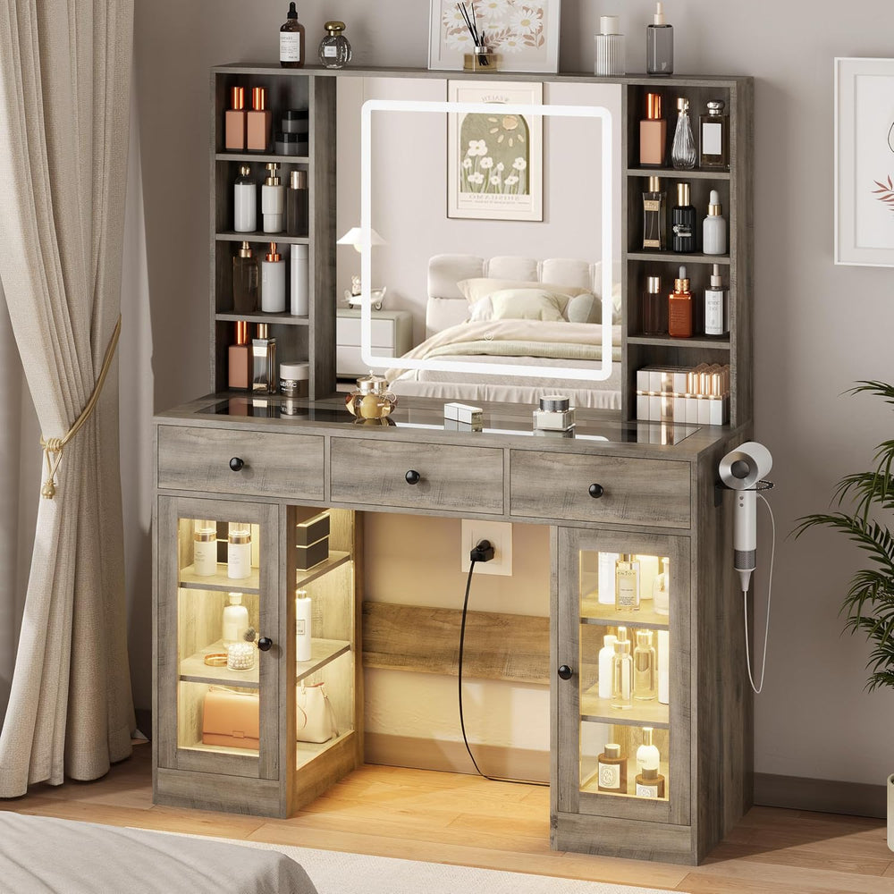 Grey Vanity Desk with Mirror and Lights, Glass Top Vanity with Lighted Mirror...