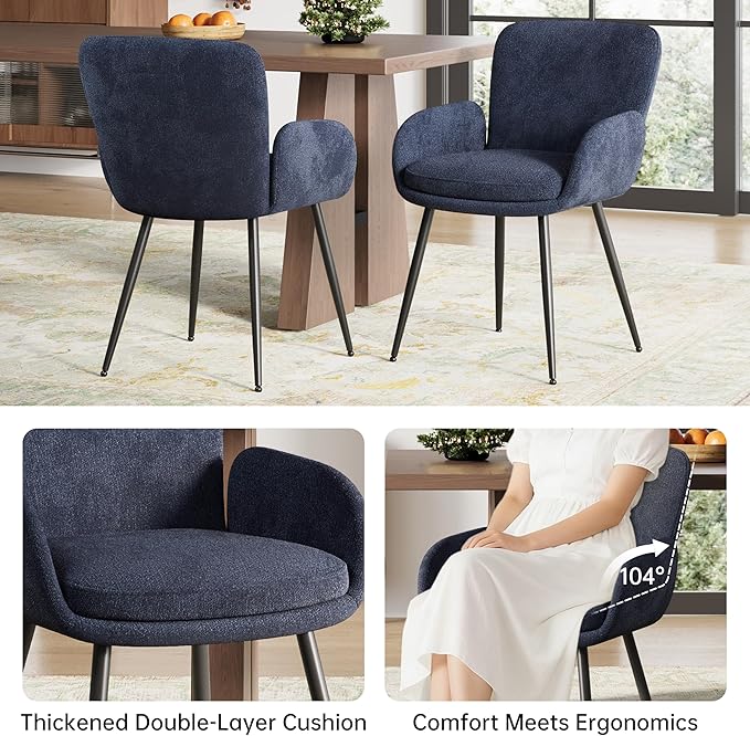 VKNOW Modern Dining Chairs Set of 6, Upholstered Dining Room Chair with Armrest, Kitchen Chairs with Curved Ergonomics Backrest for Living Room, Dining Room, Kitchen, Navy Blue