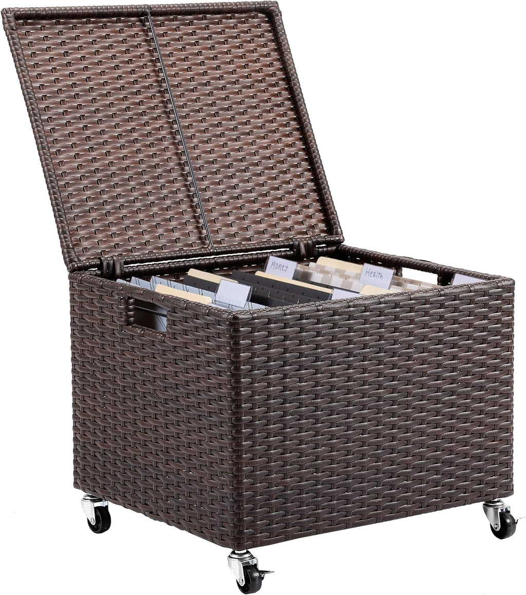 BIRDROCK HOME Rolling File Box - Storage Cabinet with Wheels - Weatherproof Rattan-Style Resin Deck Chest for Garden, Home Office - Organize Cushions, Toys, and Accessories - Storage Box - Espresso