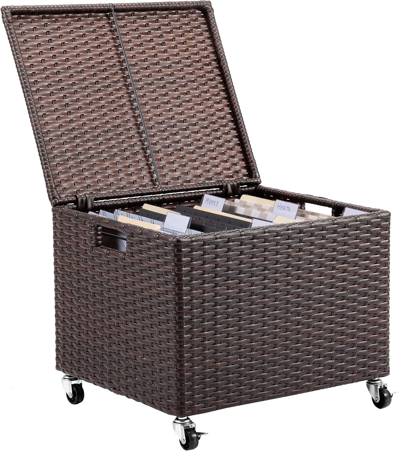 BIRDROCK HOME Rolling File Box - Storage Cabinet with Wheels - Weatherproof Rattan-Style Resin Deck Chest for Garden, Home Office - Organize Cushions, Toys, and Accessories - Storage Box - Espresso