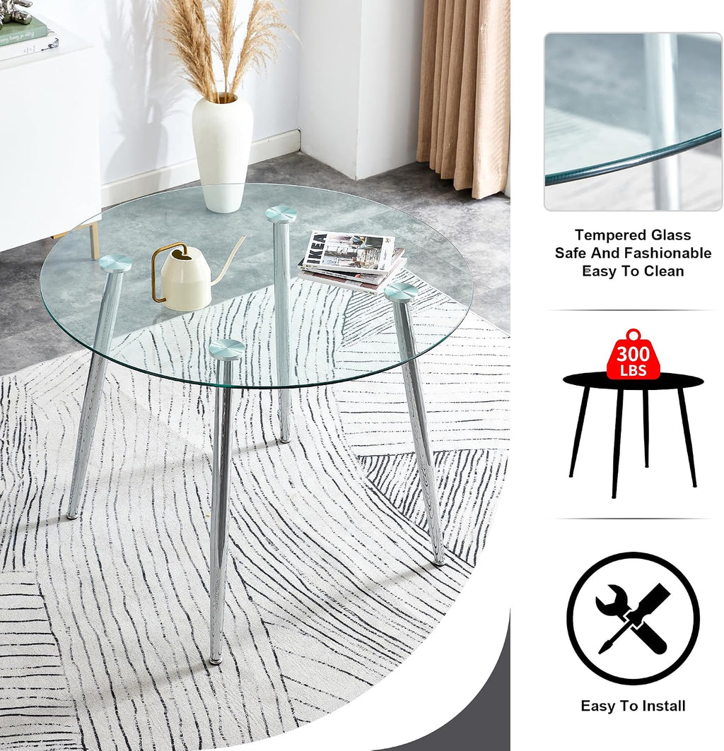 Silver Glass Round Dining Set for 4, 36'' Modern Minimalist Luxury Circle Dinner Room Set, 5 Piece Clear Glass Circular Kitchen Table with Ivory Woven Chair Set, for Small Apartment Home