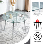 Silver Glass Round Dining Set for 4, 36'' Modern Minimalist Luxury Circle Dinner Room Set, 5 Piece Clear Glass Circular Kitchen Table with Ivory Woven Chair Set, for Small Apartment Home