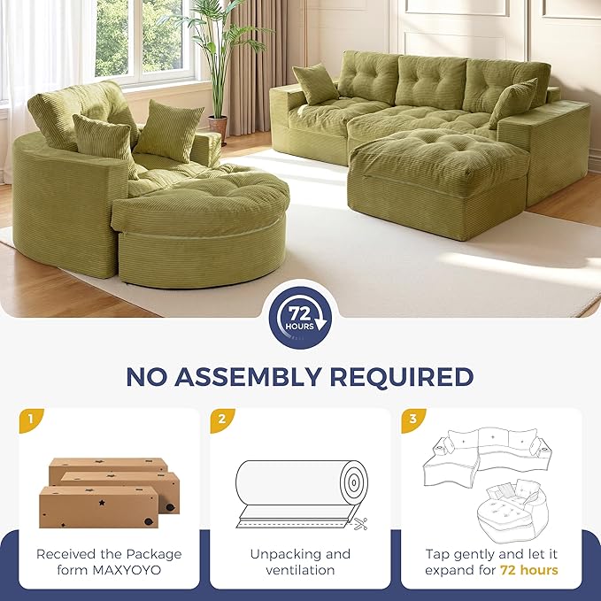 MAXYOYO L Shape Sectional Sofa Couch and Round Chaise Lounge, Modern Cloud Couch with Ottoman, Comfy Sofa with Layered Cushion, Tufted Upholstered Sleeper Chair for Living Room, No Assembly Required