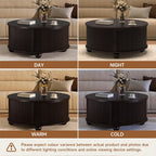 DHH Fluted Round Coffee Tables,31.5" Mid Century Modern Circle Drum Table with Storage, Accent Coffee Table with Sliding Cabinet Door for Living Room Small Space (Dark Walnut)