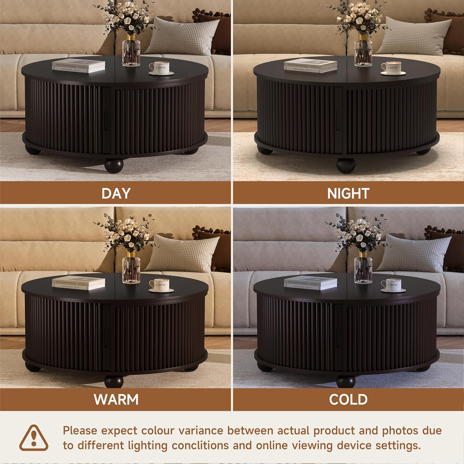 DHH Fluted Round Coffee Tables,31.5" Mid Century Modern Circle Drum Table with Storage, Accent Coffee Table with Sliding Cabinet Door for Living Room Small Space (Dark Walnut)