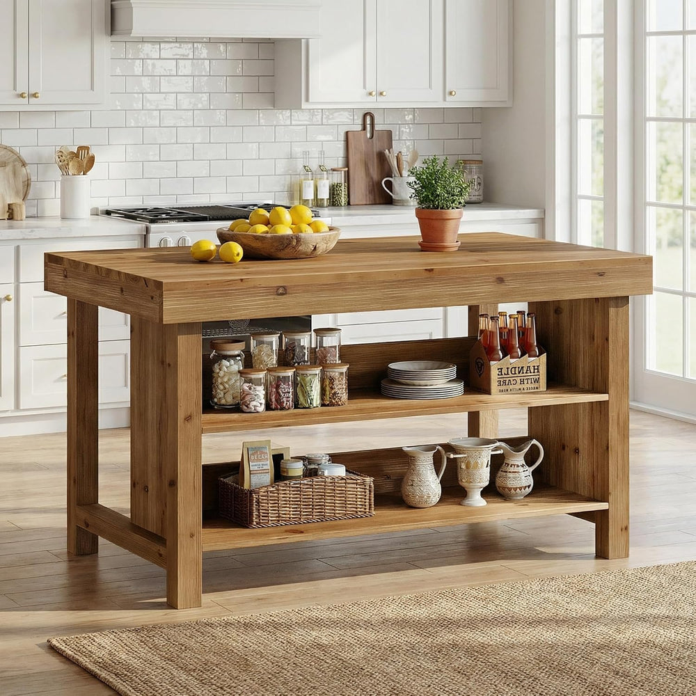 55" Solid Wood Kitchen Island with Storage, Farmhouse Kitchen Island Tab...