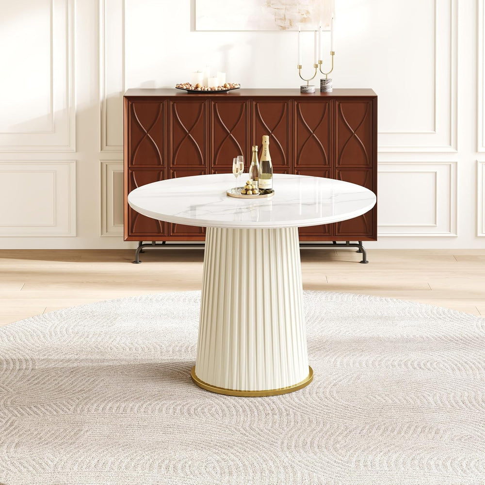 Round Dining Table with Marble Grain Top for 4-6 People,35.43 Inches Dining R...
