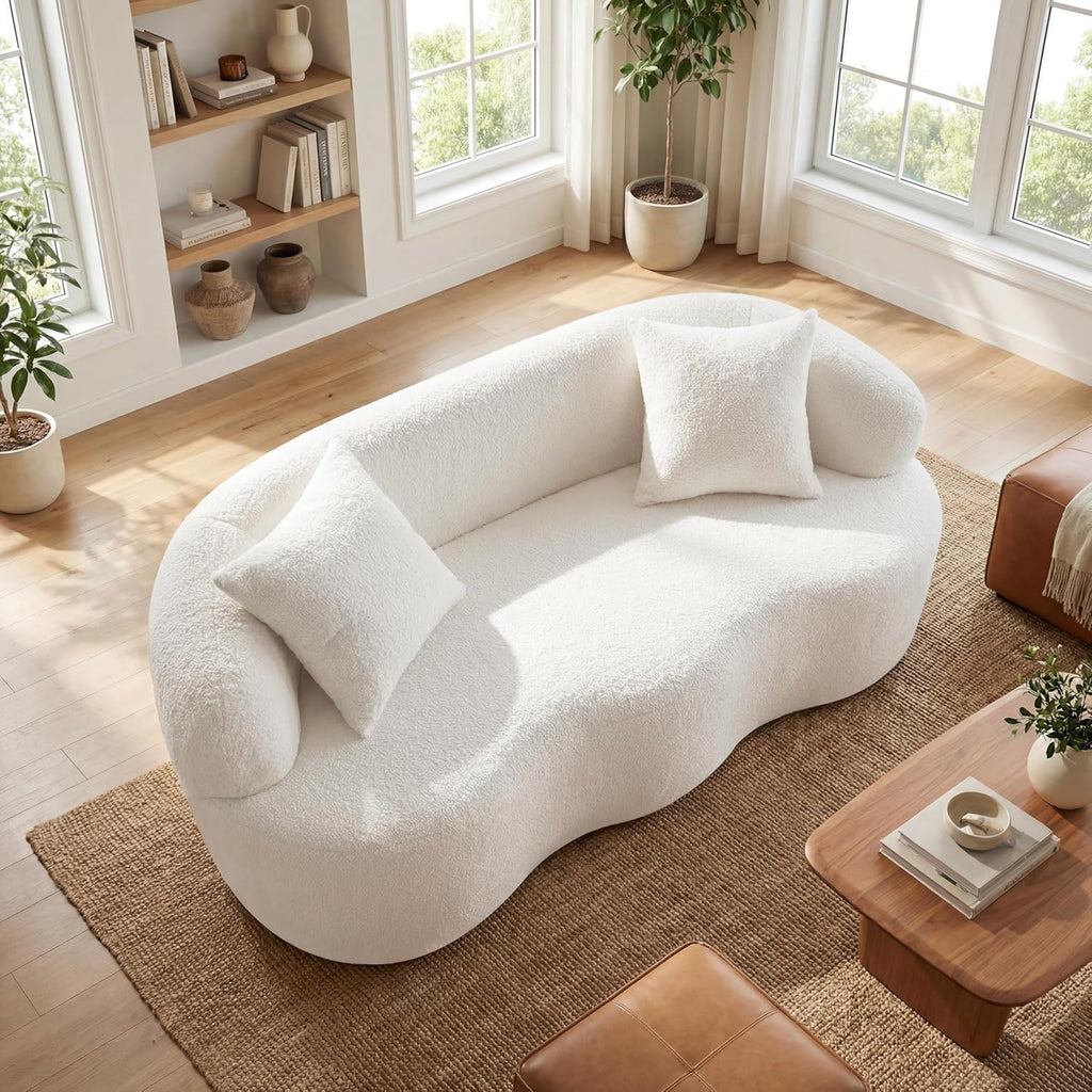 67" Curved Loveseat Sofa for Living Room, Curved Deep Seat Cloud Loveseat with 2 Throw Pillows, Teddy Fabric Modern Loveseat for Small Spaces, White Loveseat, No Assembly Required