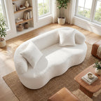 67" Curved Loveseat Sofa for Living Room, Curved Deep Seat Cloud Loveseat with 2 Throw Pillows, Teddy Fabric Modern Loveseat for Small Spaces, White Loveseat, No Assembly Required