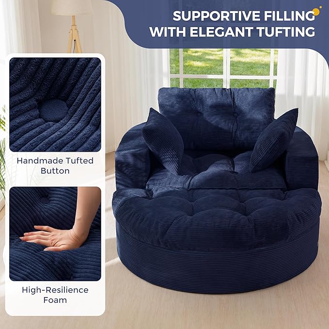 MAXYOYO Modular Sectional Chaise Lounge Sofa, Round Upholstered Lounge Chair with Ottoman, Comfy Couch with Layered Cushion, Tufted Sleeper Chair for Living Room, Navy