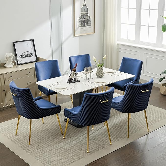 Velvet Dining Chairs Set of 4 Gold Legs,Upholstered Velvet Accent Chairs, Pleated Back Design & Gold Pull Handle, Mid Century Modern Chairs for Dining/Kitchen/Living Room,Blue