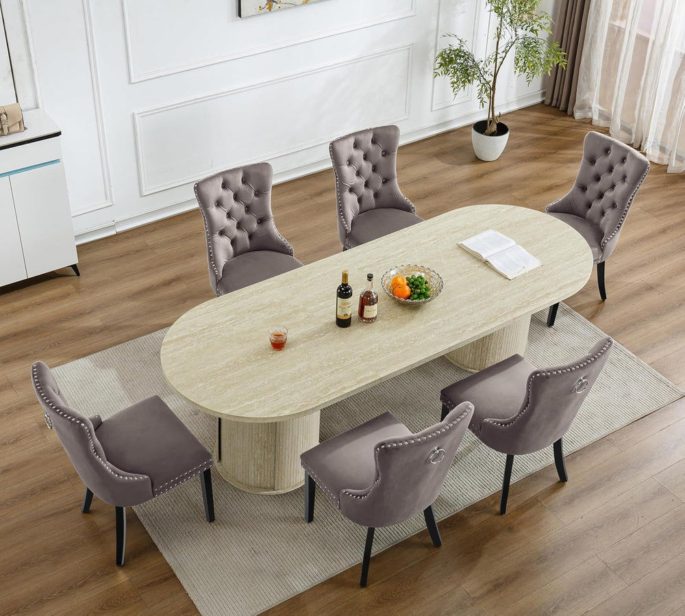 63"-94" Large Oval Extendable Dining Table for 6 8 10, Faux Travert...