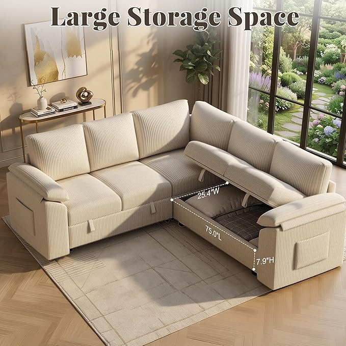 85 Inch Modular Sectional Sofa with Pull Out Couch Bed, L Shaped 5 Seat Sectional Couch with Storage, Corduroy Sectional Couches for Living Room, Cloud Modular Couch, Removable Sofa Cover, Beige