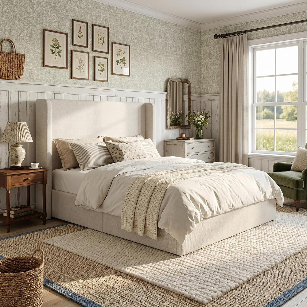 54" Majestic Extra-Tall Wingback Bed Frame Queen - Premium Textured Ivor...
