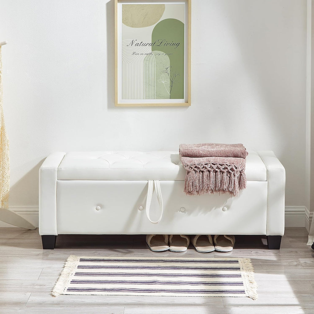 48" Storage Ottoman Bench, Ivory White | Faux Leather, Lift Top, For Living Room & Bed End, Upholstered Tufted PU