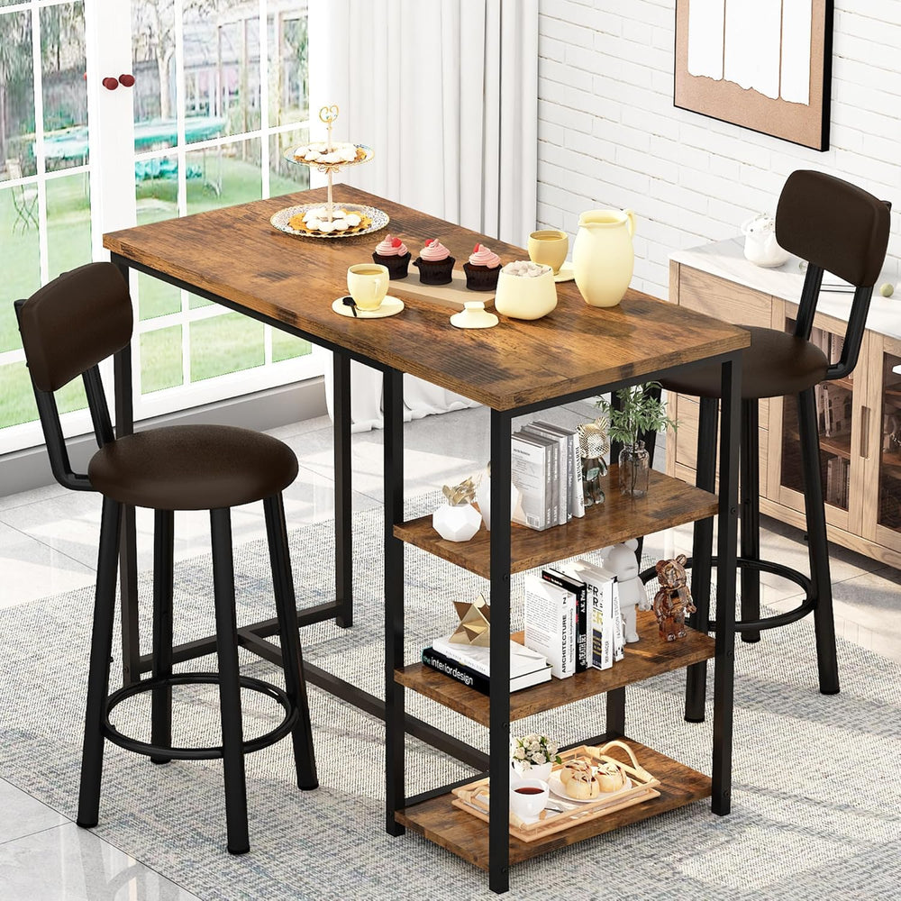 Recaceik Pub Dining Table Set for 2, Table and Bar Stools with 3 Storage Shel...