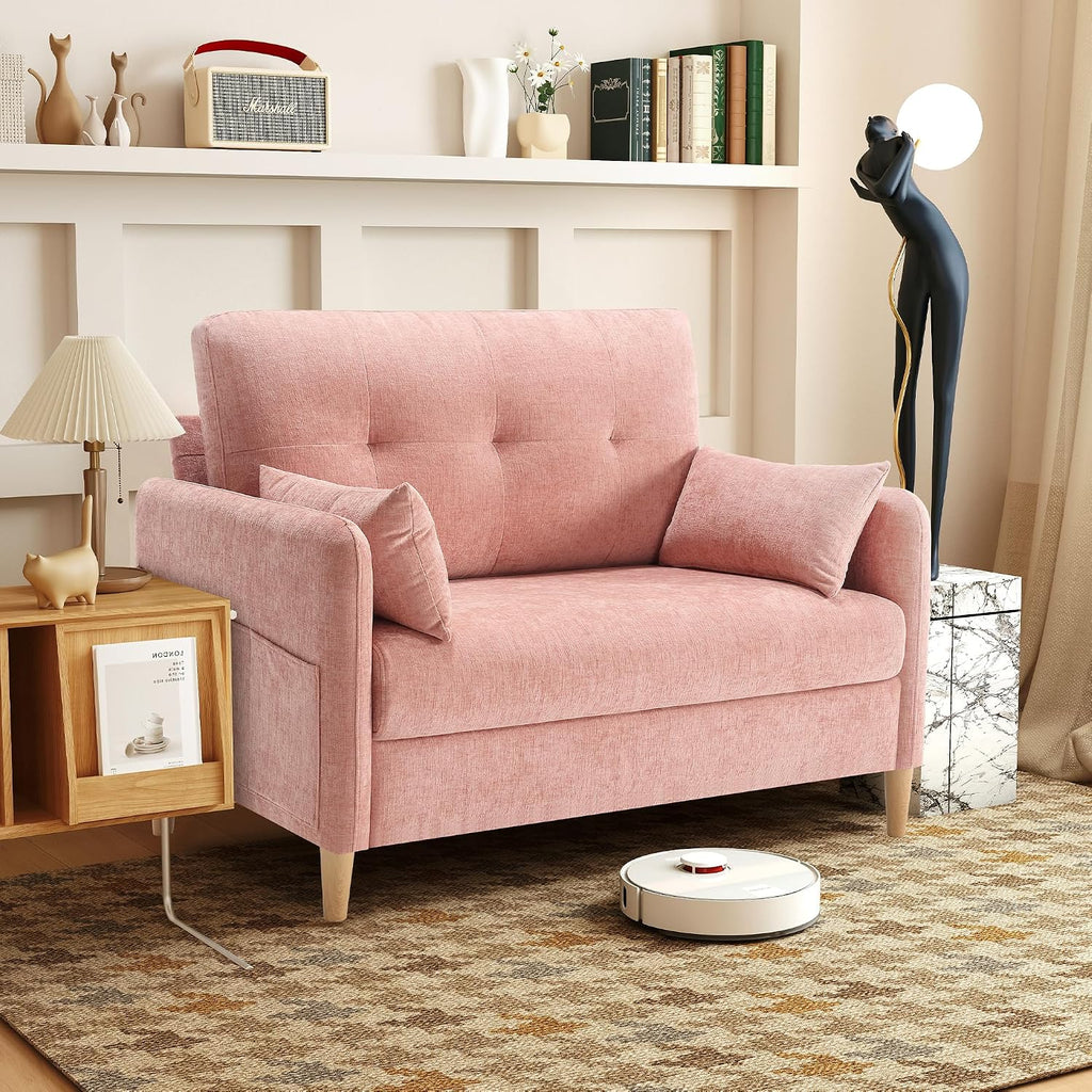 Urhanherry 47" Small Sofa Couch for Bedroom, Soft Chenille loveseat Mini Couch with Throw Pillow and Removable Cushion Cover for Small Spaces, Living Room, Apartment, Dorm, Office(Pink)
