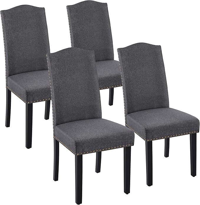 Yaheetech Upholstered Dining Chairs Set of 4, Modern Kitchen Chairs with Nailhead Trims and Solid Wood Legs for Dining Room, Living Room, Restaurant, Fabric Armless Design, Dark Gray