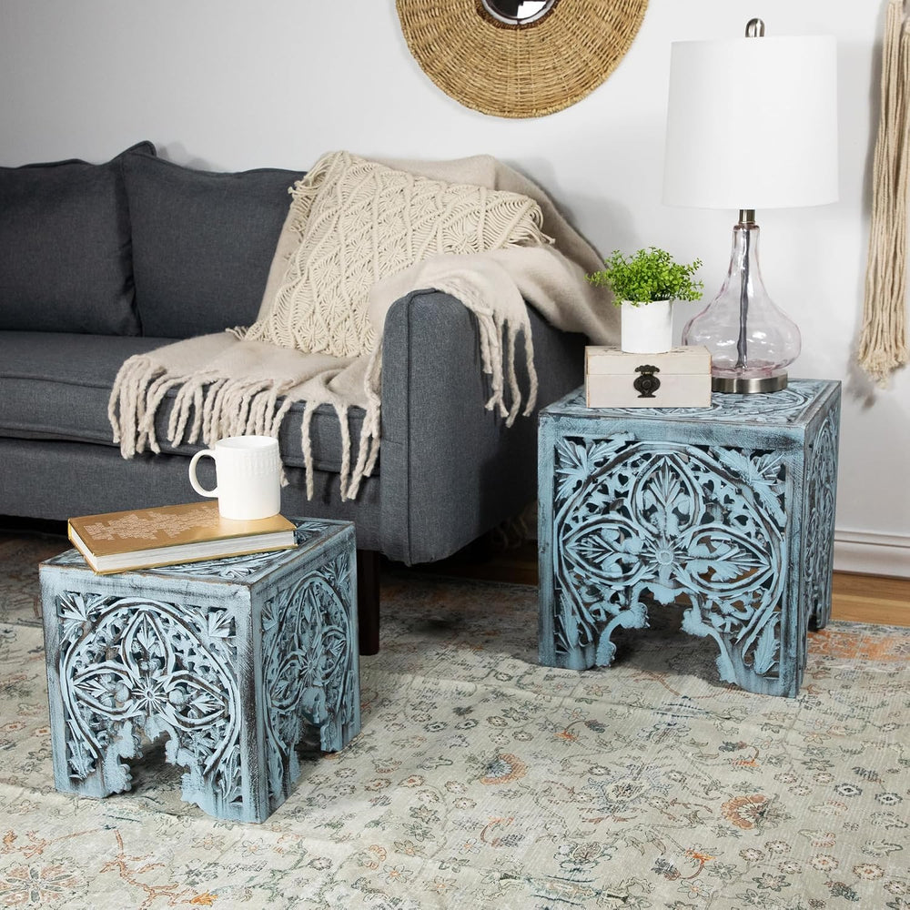 Northlight Set of 2 Antique Square Stackable Nesting Side Table and Stool, 16...