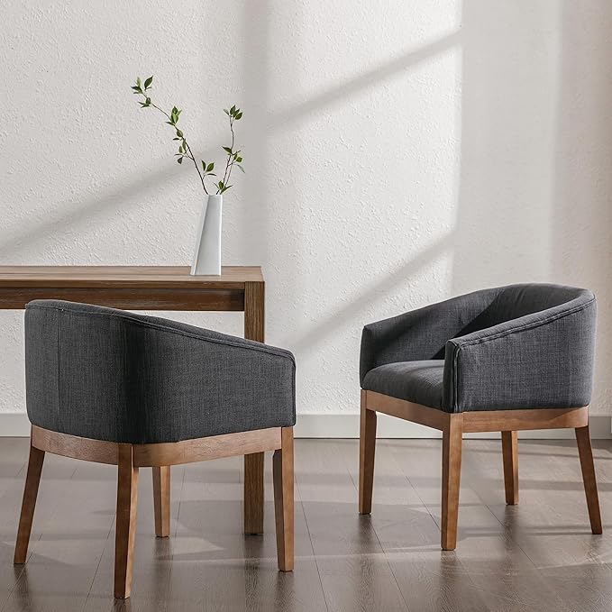 Mid-Century Modern Charcoal Dining Chairs Set of 2, Linen Upholstered Kitchen Dining Room Chairs with Wood Legs, Curved Backrest Armchairs, Charcoal
