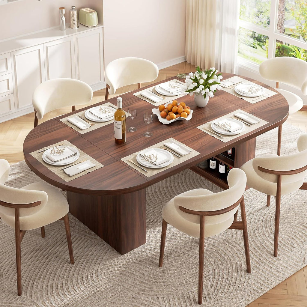 Jocoevol 78.7" Dining Table for 6-10 People, Oval Dining Room Table with 3-Tier Storage Shelf, Modern Wood Kitchen Tables with Heavy Duty Pedestal Base for Home, Dining Room, Walnut