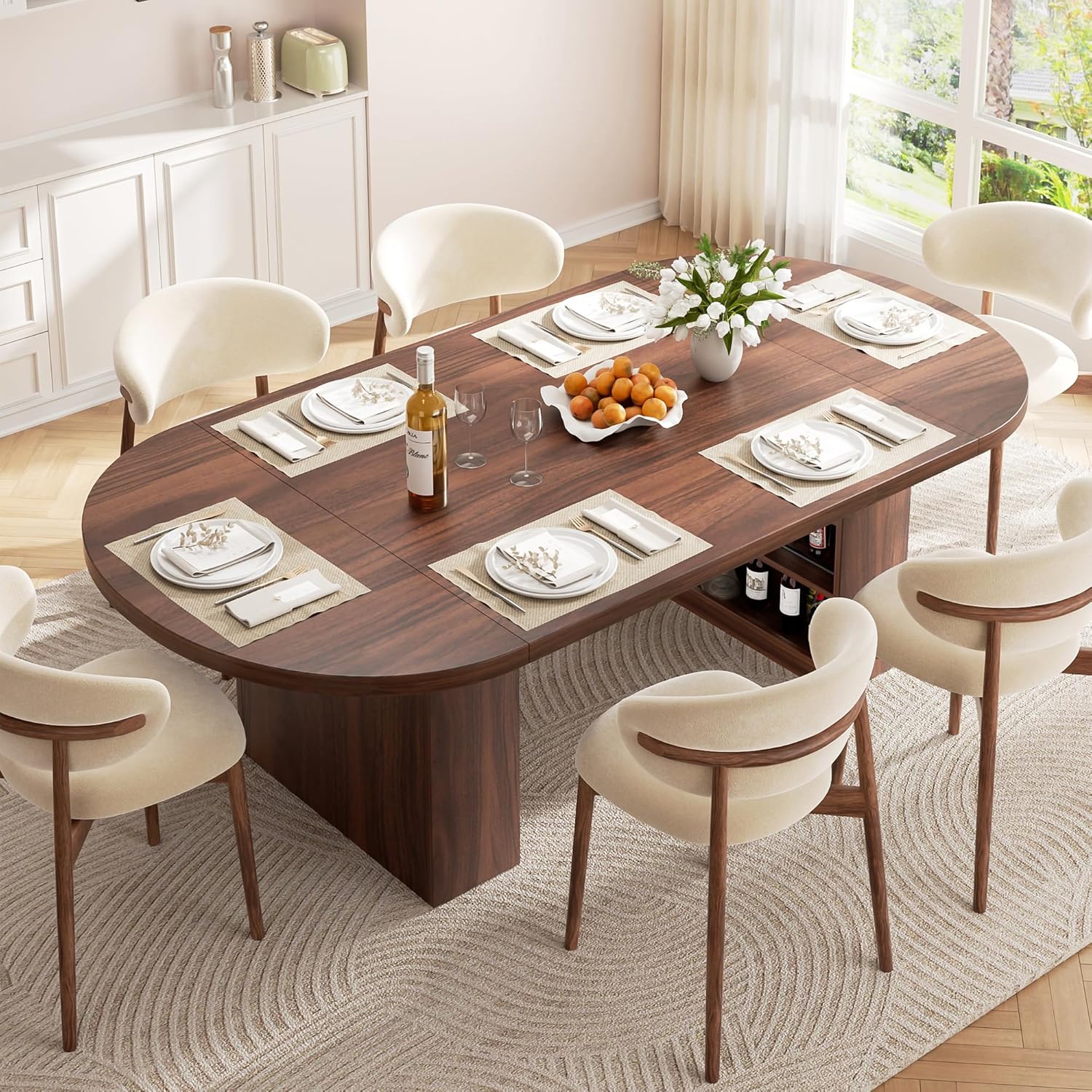 Jocoevol 78.7" Dining Table for 6-10 People, Oval Dining Room Table with 3-Tier Storage Shelf, Modern Wood Kitchen Tables with Heavy Duty Pedestal Base for Home, Dining Room, Walnut